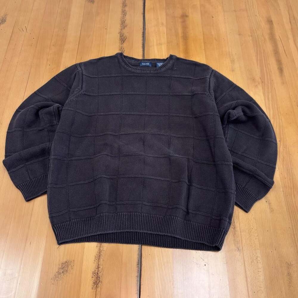 IZOD Vintage Grid Knit Sweater Size L Dark Grey Cotton Made in Japan